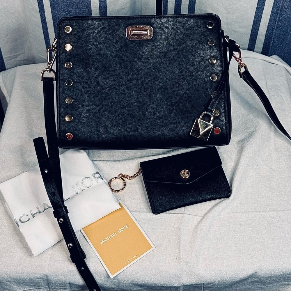 MK Sylvie Studded Black Leather Med. Messenger Bag, Coin Purse & Dust Bag, NWT